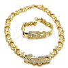 Oro Laminado Necklace and Bracelet, Gold Filled Style Hugs and Kisses Design, with White Cubic Zirconia, Golden Finish, 10.180.0004