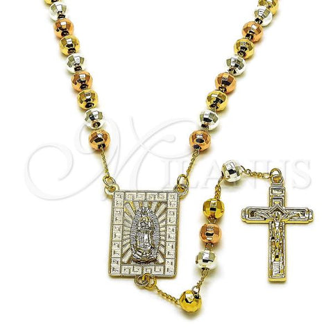 Oro Laminado Medium Rosary, Gold Filled Style Guadalupe and Disco Design, Diamond Cutting Finish, Tricolor, 09.411.0004.24