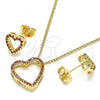 Oro Laminado Earring and Pendant Adult Set, Gold Filled Style Heart Design, with Garnet Micro Pave, Polished, Golden Finish, 10.156.0418.1