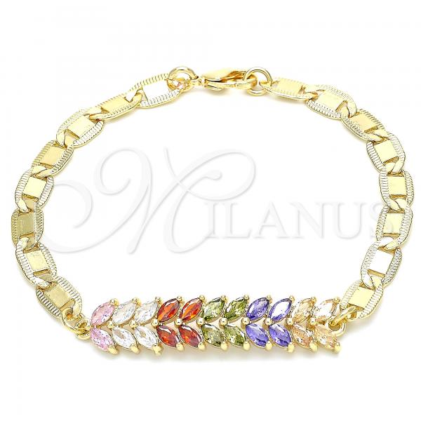 Oro Laminado Fancy Bracelet, Gold Filled Style Leaf Design, with Multicolor Cubic Zirconia, Polished, Golden Finish, 03.63.2153.2.07