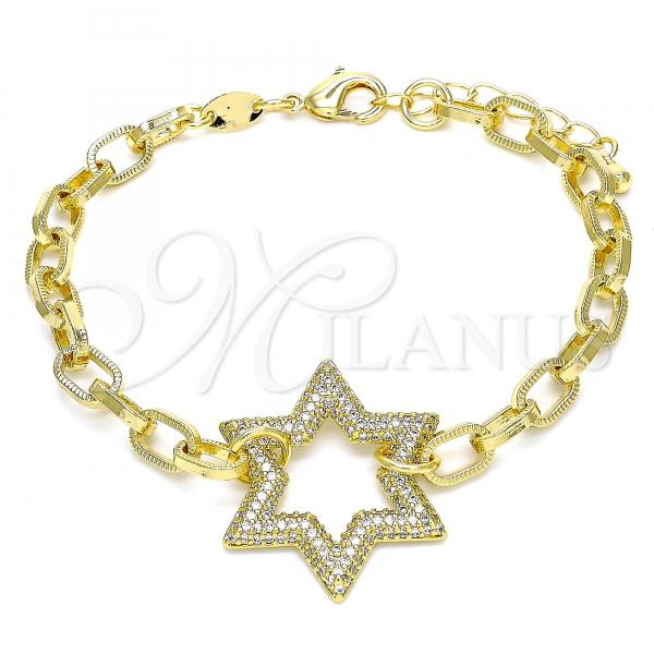 Oro Laminado Fancy Bracelet, Gold Filled Style Paperclip and Star of David Design, with Multicolor Micro Pave, Polished, Golden Finish, 03.341.0053.07