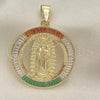 Oro Laminado Religious Pendant, Gold Filled Style Guadalupe and Baguette Design, with Garnet and White Cubic Zirconia, Polished, Golden Finish, 05.253.0177