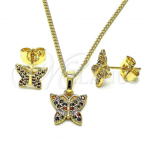 Oro Laminado Earring and Pendant Adult Set, Gold Filled Style Butterfly Design, with Multicolor Micro Pave, Polished, Golden Finish, 10.284.0025.2