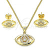 Oro Laminado Earring and Pendant Adult Set, Gold Filled Style Evil Eye Design, with White Micro Pave, Polished, Golden Finish, 10.156.0245