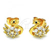 Oro Laminado Stud Earring, Gold Filled Style Swan and Flower Design, with White Cubic Zirconia, Polished, Golden Finish, 02.387.0090