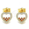 Oro Laminado Stud Earring, Gold Filled Style Heart Design, with Garnet and White Micro Pave, Polished, Golden Finish, 02.156.0500.1