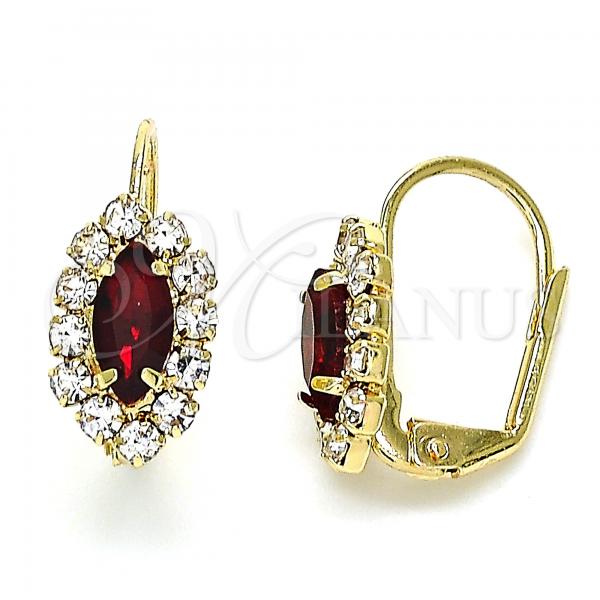 Oro Laminado Leverback Earring, Gold Filled Style Leaf Design, with Garnet and White Cubic Zirconia, Polished, Golden Finish, 02.122.0082.2