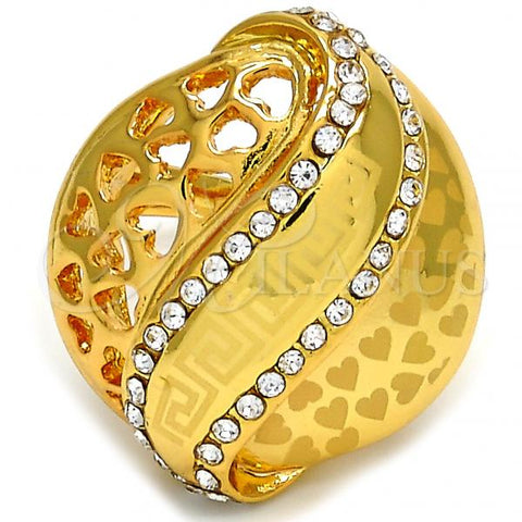 Oro Laminado Multi Stone Ring, Gold Filled Style Greek Key and Heart Design, with White Crystal, Polished, Golden Finish, 01.241.0012.07 (Size 7)