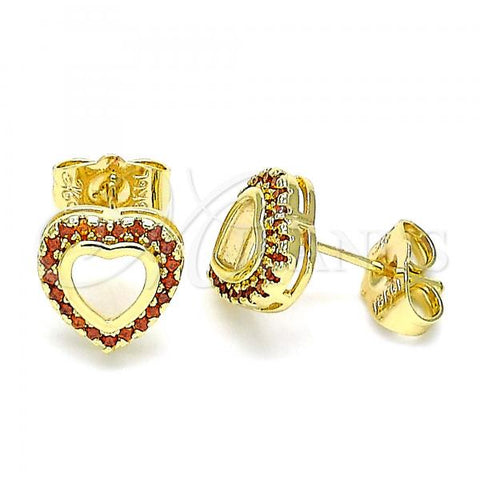 Oro Laminado Stud Earring, Gold Filled Style Heart Design, with Garnet Micro Pave, Polished, Golden Finish, 02.156.0625.1