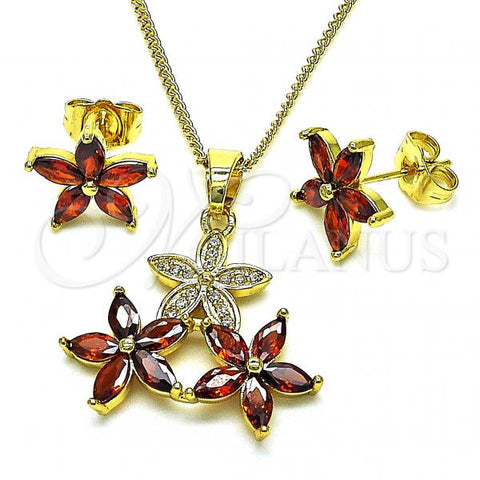 Oro Laminado Earring and Pendant Adult Set, Gold Filled Style Flower Design, with Garnet Cubic Zirconia and White Micro Pave, Polished, Golden Finish, 10.316.0068.1