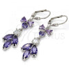Rhodium Plated Long Earring, Leaf and Heart Design, with Amethyst and White Cubic Zirconia, Polished, Rhodium Finish, 02.205.0055.8
