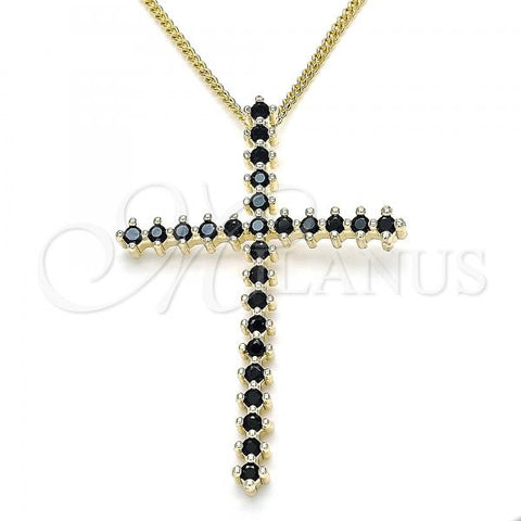 Oro Laminado Pendant Necklace, Gold Filled Style Cross Design, with Black Cubic Zirconia, Polished, Golden Finish, 04.284.0024.2.20