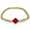 Oro Laminado Fancy Bracelet, Gold Filled Style Four-leaf Clover and Baguette Design, with Garnet Mother of Pearl and White Cubic Zirconia, Polished, Golden Finish, 03.283.0415.2.07