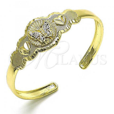 Oro Laminado Individual Bangle, Gold Filled Style Butterfly and Heart Design, with White Cubic Zirconia, Polished, Golden Finish, 07.253.0029