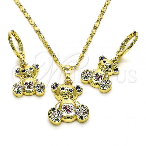 Oro Laminado Earring and Pendant Adult Set, Gold Filled Style Teddy Bear Design, with Black Cubic Zirconia and Multicolor Micro Pave, Polished, Golden Finish, 10.196.0036.1