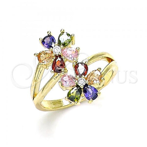 Oro Laminado Multi Stone Ring, Gold Filled Style Flower Design, with Multicolor Cubic Zirconia, Polished, Golden Finish, 01.210.0146.07