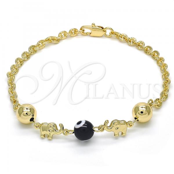 Oro Laminado Fancy Bracelet, Gold Filled Style Elephant and Evil Eye Design, Black Resin Finish, Golden Finish, 03.63.1903.08