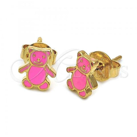 Oro Laminado Stud Earring, Gold Filled Style Teddy Bear Design, Pink Enamel Finish, Golden Finish, 02.64.0405 *PROMO*