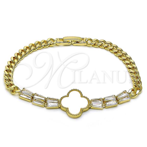 Oro Laminado Fancy Bracelet, Gold Filled Style Four-leaf Clover and Miami Cuban Design, with White Cubic Zirconia and Ivory Mother of Pearl, Polished, Golden Finish, 03.283.0415.1.07