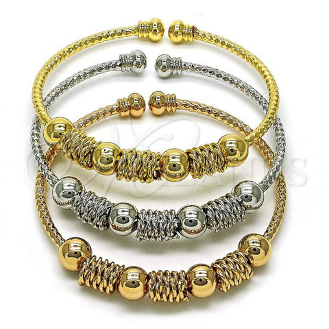 Oro Laminado Trio Bangle, Gold Filled Style Ball and Twist Design, Diamond Cutting Finish, Tricolor, 07.170.0017