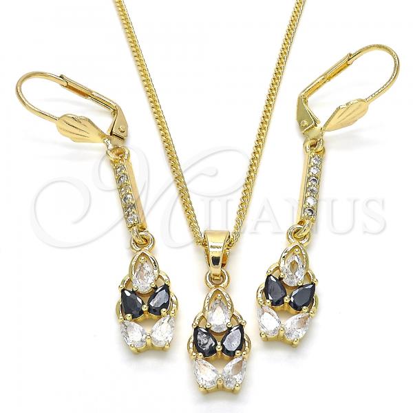 Oro Laminado Earring and Pendant Adult Set, Gold Filled Style Teardrop Design, with Black and White Cubic Zirconia, Polished, Golden Finish, 10.210.0085.1