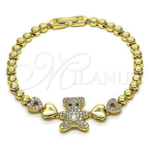 Oro Laminado Fancy Bracelet, Gold Filled Style Teddy Bear and Heart Design, with White and Green Micro Pave, Polished, Golden Finish, 03.283.0352.08