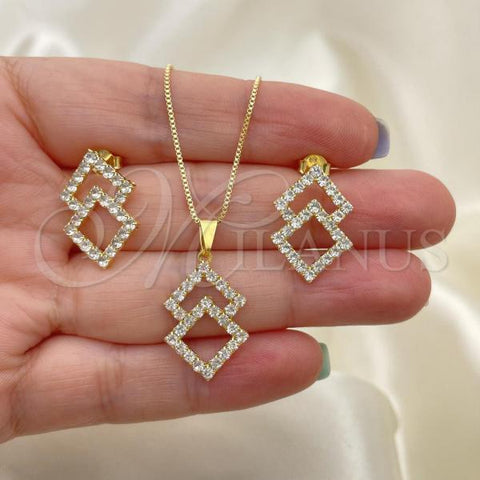 Oro Laminado Earring and Pendant Adult Set, Gold Filled Style Box Design, with White Cubic Zirconia, Polished, Golden Finish, 10.58.0004