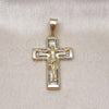 Oro Laminado Religious Pendant, Gold Filled Style Cross and Crucifix Design, with White Cubic Zirconia, Polished, Golden Finish, 05.253.0191