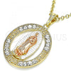 Oro Laminado Religious Pendant, Gold Filled Style Guadalupe and Greek Key Design, with White Crystal, Polished, Tricolor, 05.380.0036