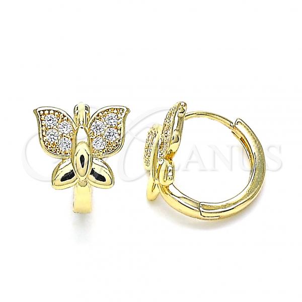Oro Laminado Huggie Hoop, Gold Filled Style Butterfly Design, with White Micro Pave, Polished, Golden Finish, 02.195.0143.15