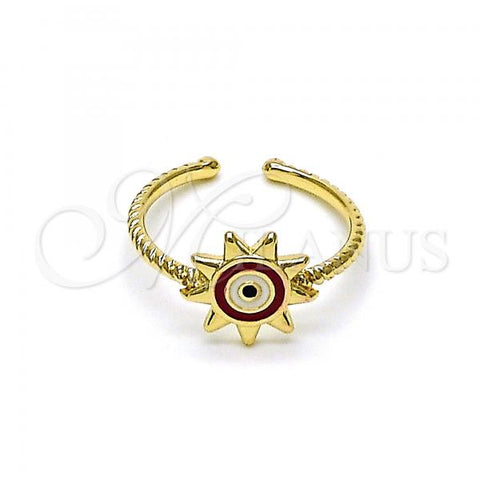 Oro Laminado Elegant Ring, Gold Filled Style Evil Eye and Sun Design, Red Enamel Finish, Golden Finish, 01.213.0020.1