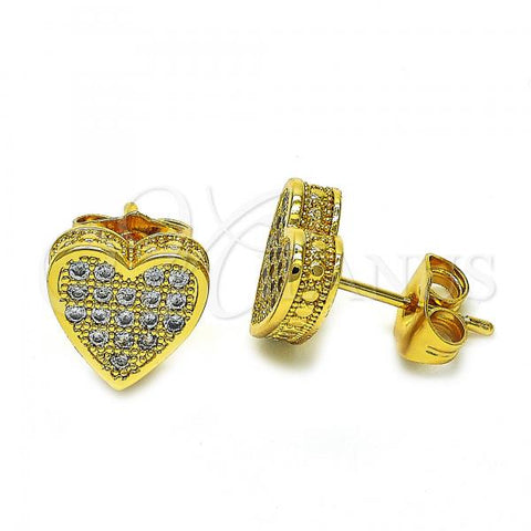 Oro Laminado Stud Earring, Gold Filled Style Heart Design, with White Micro Pave, Polished, Golden Finish, 02.344.0016