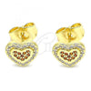 Oro Laminado Stud Earring, Gold Filled Style Heart Design, with Garnet and White Micro Pave, Polished, Golden Finish, 02.156.0506.1