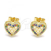 Oro Laminado Stud Earring, Gold Filled Style Heart and Bow Design, with Multicolor Micro Pave, Polished, Golden Finish, 02.156.0298.2