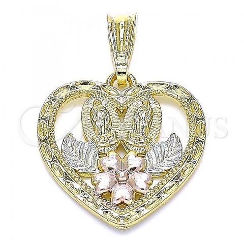 Oro Laminado Religious Pendant, Gold Filled Style Guadalupe and Heart Design, Polished, Tricolor, 05.351.0200