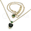 Oro Laminado Necklace and Bracelet, Gold Filled Style Heart and Rolo Design, with Green Cubic Zirconia, Polished, Golden Finish, 06.213.0018