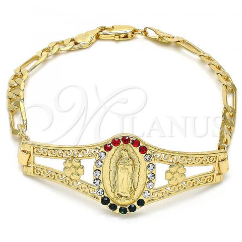 Oro Laminado Fancy Bracelet, Gold Filled Style Guadalupe and Flower Design, with Multicolor Crystal, Polished, Golden Finish, 03.253.0025.08