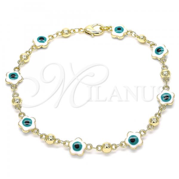 Oro Laminado Fancy Bracelet, Gold Filled Style Evil Eye and Flower Design, White Enamel Finish, Golden Finish, 03.213.0072.3.08