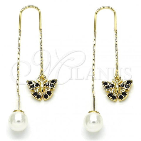 Oro Laminado Threader Earring, Gold Filled Style Butterfly Design, with Black Crystal, Polished, Golden Finish, 02.253.0005.1