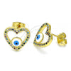Oro Laminado Stud Earring, Gold Filled Style Heart and Evil Eye Design, with Multicolor Micro Pave, Blue Enamel Finish, Golden Finish, 02.341.0045
