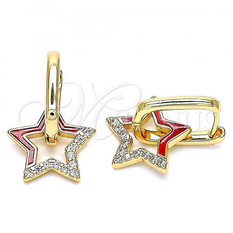 Oro Laminado Huggie Hoop, Gold Filled Style Star Design, with White Micro Pave, Red Enamel Finish, Golden Finish, 02.213.0215.1.12