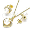 Oro Laminado Earring and Pendant Adult Set, Gold Filled Style Lock Design, with White Micro Pave and Ivory Pearl, Polished, Golden Finish, 10.156.0426