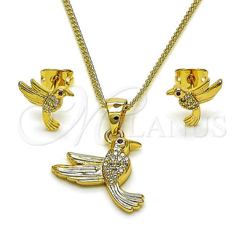 Oro Laminado Earring and Pendant Adult Set, Gold Filled Style Bird Design, with White and Ruby Micro Pave, Diamond Cutting Finish, Golden Finish, 10.342.0126