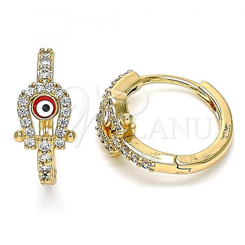 Oro Laminado Huggie Hoop, Gold Filled Style Evil Eye Design, with White Micro Pave, Red Enamel Finish, Golden Finish, 02.213.0201.1.15