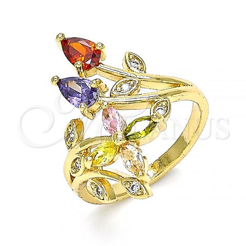 Oro Laminado Multi Stone Ring, Gold Filled Style Flower and Leaf Design, with Multicolor Cubic Zirconia, Polished, Golden Finish, 01.283.0025.08