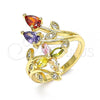 Oro Laminado Multi Stone Ring, Gold Filled Style Flower and Leaf Design, with Multicolor Cubic Zirconia, Polished, Golden Finish, 01.283.0025.08