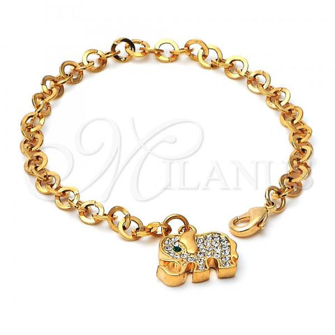 Oro Laminado Charm Bracelet, Gold Filled Style Elephant Design, with Green and White Crystal, Polished, Golden Finish, 03.63.0552