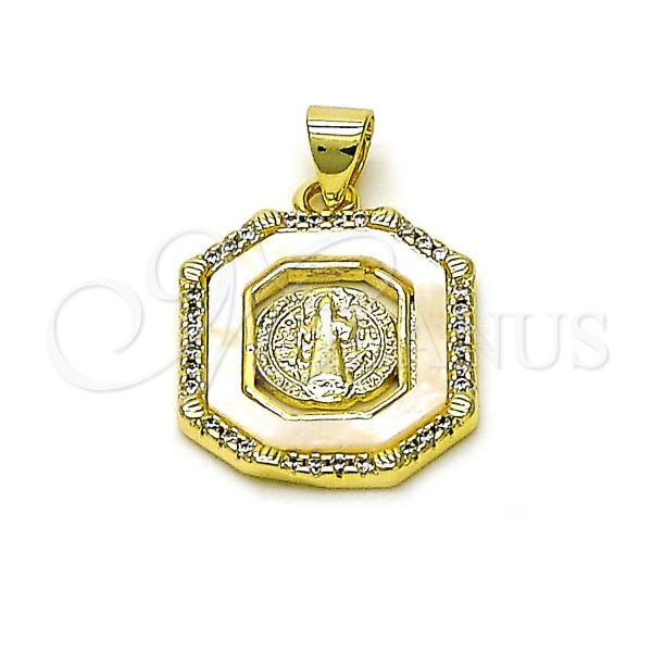 Oro Laminado Religious Pendant, Gold Filled Style San Benito Design, with Ivory Mother of Pearl and White Micro Pave, Polished, Golden Finish, 05.284.0012