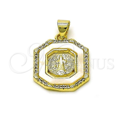 Oro Laminado Religious Pendant, Gold Filled Style San Benito Design, with Ivory Mother of Pearl and White Micro Pave, Polished, Golden Finish, 05.284.0012