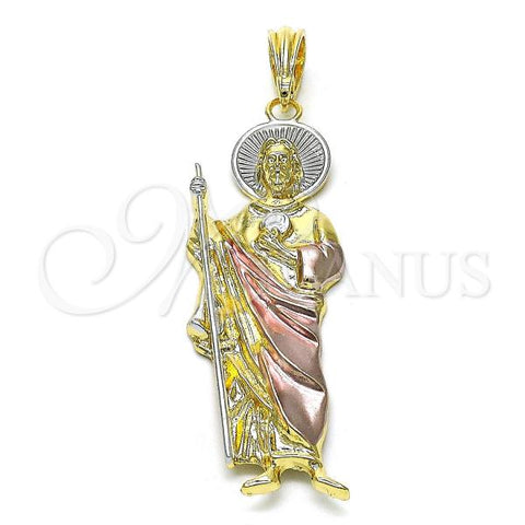 Oro Laminado Religious Pendant, Gold Filled Style San Judas Design, Diamond Cutting Finish, Tricolor, 05.196.0007.2